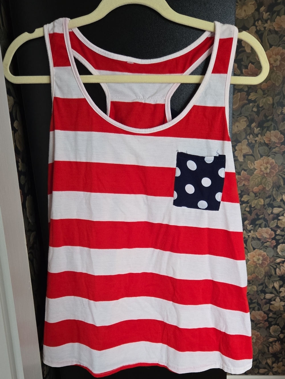 Red & White Striped Tank Top with Navy Polka Dot Pocket - Women